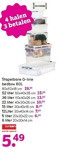 Aanbiedingen Stapelbare q-line bedbox 60l - Sunware - Geldig van 12/10/2014 tot 25/10/2014 bij Leen Bakker