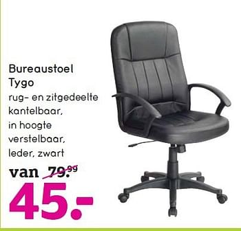 Aanbiedingen Bureaustoel tygo rug- en zitgedeelte kantelbaar, in hoogte verstelbaar, leder, zwart - Huismerk - Leen Bakker - Geldig van 12/10/2014 tot 25/10/2014 bij Leen Bakker