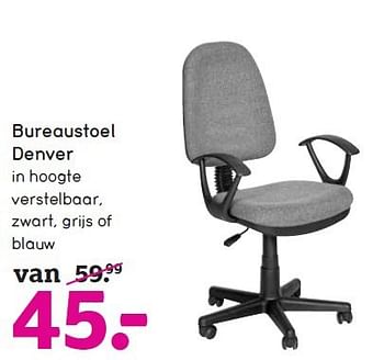 Aanbiedingen Bureaustoel denver in hoogte verstelbaar, zwart, grijs of blauw - Huismerk - Leen Bakker - Geldig van 12/10/2014 tot 25/10/2014 bij Leen Bakker