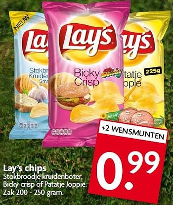 Aanbiedingen Lay`s chips stokbroodje kruidenboter, bicky crisp of patatje joppie - Lay's - Geldig van 26/10/2014 tot 01/11/2014 bij Deka Markt