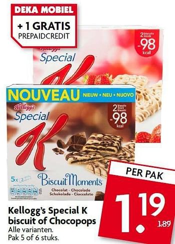 Aanbiedingen Kellogg`s special k biscuit of chocopops - Kellogg's - Geldig van 26/10/2014 tot 01/11/2014 bij Deka Markt