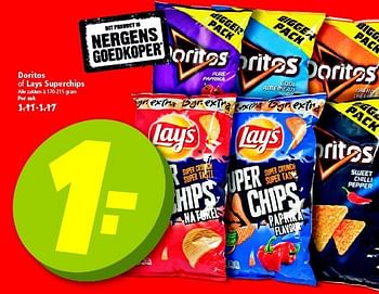 Aanbiedingen Doritos of lays superchips - Doritos - Geldig van 19/10/2014 tot 25/10/2014 bij Plus