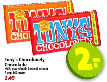 Aanbiedingen Tony`s chocolonely chocolade melk, puur of melk-karamel-zeezout - Tony's - Geldig van 19/10/2014 tot 25/10/2014 bij Plus