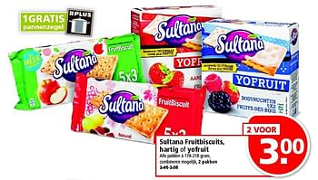 Aanbiedingen Sultana fruitbiscuits, hartig of yofruit - Sultana - Geldig van 19/10/2014 tot 25/10/2014 bij Plus