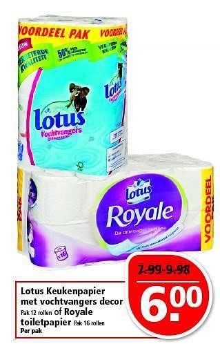 Aanbiedingen Lotus keukenpapier met vochtvangers decor pak 12 rollen of royale toiletpapier - Lotus Nalys - Geldig van 19/10/2014 tot 25/10/2014 bij Plus