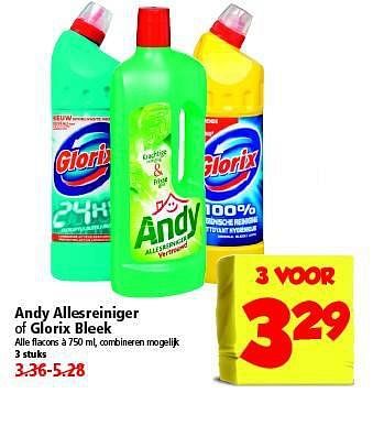 Aanbiedingen Andy allesreiniger of glorix bleek 3 voor - Andy - Geldig van 26/10/2014 tot 01/11/2014 bij Plus