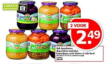 Aanbiedingen Hak appelmoes, doperwten-wortelen, kapucijners, rode bieten of rode kool 2 voor - Hak - Geldig van 26/10/2014 tot 01/11/2014 bij Plus