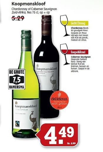 Aanbiedingen Koopmanskloof chardonnay of cabernet sauvignon zuid-afrika, - Rode wijnen - Geldig van 26/10/2014 tot 01/11/2014 bij Em-té