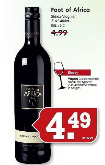 Aanbiedingen Foot of africa shiraz-viognier zuid-afrika - Rode wijnen - Geldig van 26/10/2014 tot 01/11/2014 bij Em-té