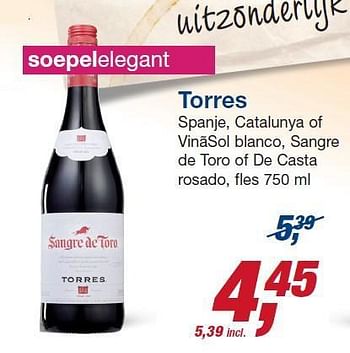 Aanbiedingen Torres spanje, catalunya of vinãsol blanco, sangre de toro of de casta rosado - Rode wijnen - Geldig van 22/10/2014 tot 04/11/2014 bij Makro