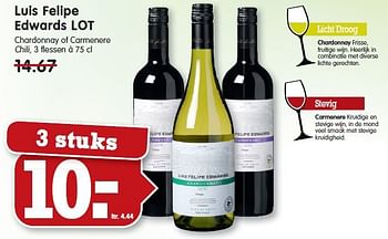 Aanbiedingen Luis felipe edwards lot chardonnay of carmenere - Witte wijnen - Geldig van 02/11/2014 tot 08/11/2014 bij Em-té