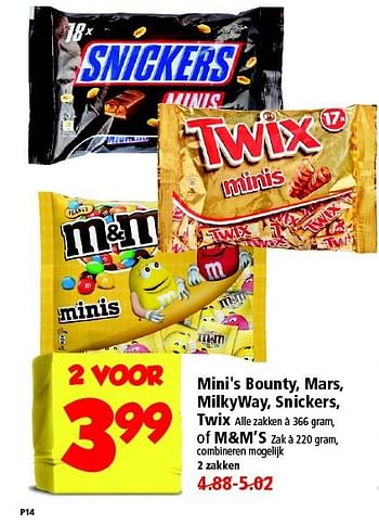 Aanbiedingen Mini`s bounty, mars, milkyway, snickers, twix of m+m`s - Twix - Geldig van 02/11/2014 tot 08/11/2014 bij Plus