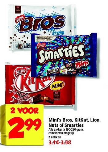 Aanbiedingen Mini`s bros, kitkat, lion, nuts of smarties - Nestlé - Geldig van 02/11/2014 tot 08/11/2014 bij Plus