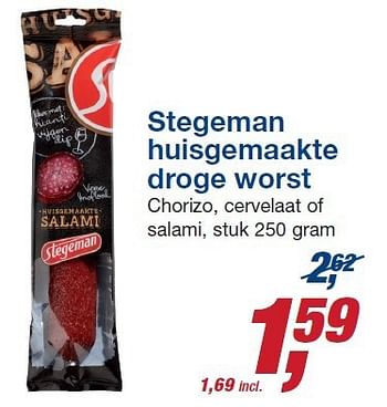 Aanbiedingen Stegeman huisgemaakte droge worst chorizo, cervelaat of salami - Stegeman - Geldig van 22/10/2014 tot 04/11/2014 bij Makro