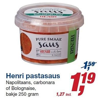 Aanbiedingen Henri pastasaus napolitaans, carbonara of bolognaise - Henri - Geldig van 22/10/2014 tot 04/11/2014 bij Makro