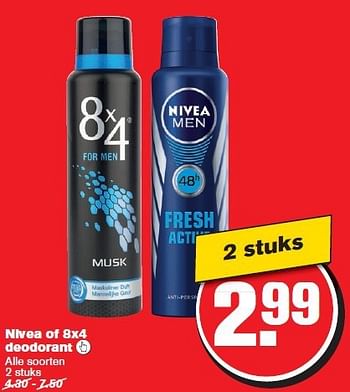 Aanbiedingen Nivea of 8x4 deodorant - 8x4 - Geldig van 29/10/2014 tot 04/11/2014 bij Hoogvliet