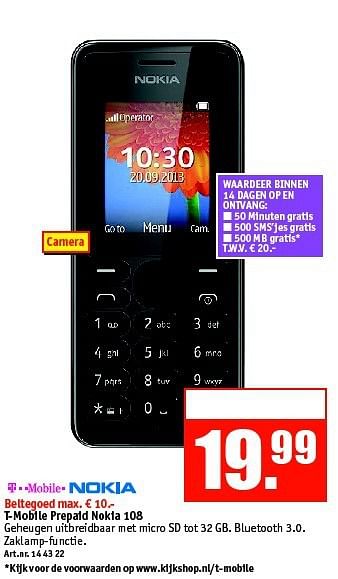Aanbiedingen T-mobile prepaid nokia 108 - Nokia - Geldig van 27/10/2014 tot 09/11/2014 bij Kijkshop