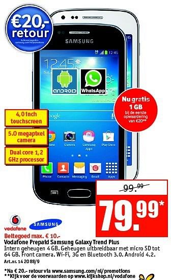 Aanbiedingen Vodafone prepaid samsung galaxy trend plus - Samsung - Geldig van 27/10/2014 tot 09/11/2014 bij Kijkshop