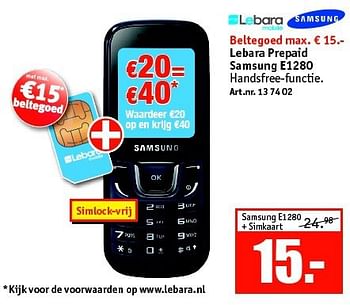 Aanbiedingen Lebara prepaid samsung e1280 - Samsung - Geldig van 27/10/2014 tot 09/11/2014 bij Kijkshop