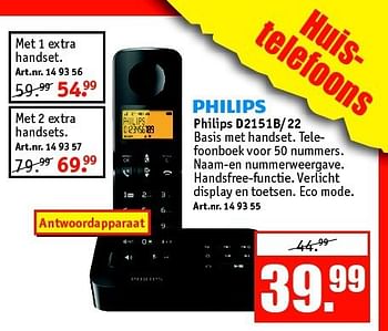 Aanbiedingen Philips d2151b-22 basis met handset - Philips - Geldig van 27/10/2014 tot 09/11/2014 bij Kijkshop