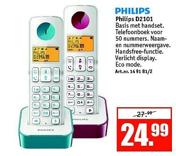 Aanbiedingen Philips d2101 basis met handset - Philips - Geldig van 27/10/2014 tot 09/11/2014 bij Kijkshop