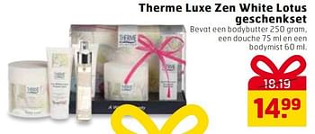 Aanbiedingen Therme luxe zen white lotus geschenkset - Therme - Geldig van 28/10/2014 tot 09/11/2014 bij Trekpleister