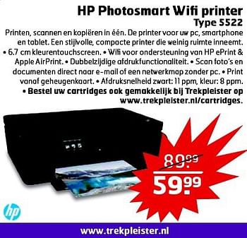 Aanbiedingen Hp photosmart wifi printer - HP - Geldig van 28/10/2014 tot 09/11/2014 bij Trekpleister