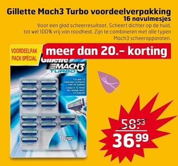 Aanbiedingen Gillette mach3 turbo voordeelverpakking 16 navulmesjes - Gillette - Geldig van 28/10/2014 tot 09/11/2014 bij Trekpleister
