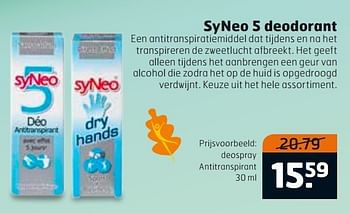 Aanbiedingen Syneo 5 deodorant - Syneo - Geldig van 28/10/2014 tot 09/11/2014 bij Trekpleister