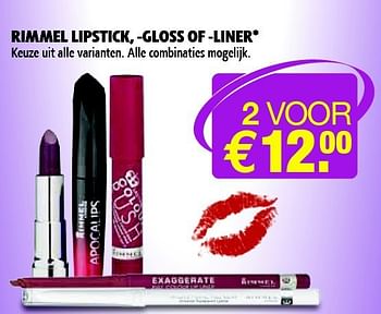 Aanbiedingen Rimmel lipstick, -gloss of -liner - Rimmel - Geldig van 04/11/2014 tot 09/11/2014 bij Kruidvat