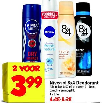 Aanbiedingen Nivea of 8x4 deodorant - 8x4 - Geldig van 09/11/2014 tot 15/11/2014 bij Plus