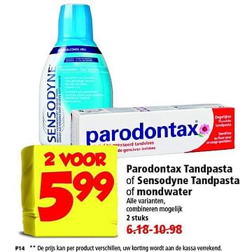 Aanbiedingen Parodontax tandpasta of sensodyne tandpasta of mondwater - Parodontax - Geldig van 09/11/2014 tot 15/11/2014 bij Plus