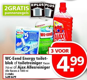 Aanbiedingen Wc-eend energy toiletblok of toiletreiniger of ajax allesreiniger - Ajax - Geldig van 09/11/2014 tot 15/11/2014 bij Plus