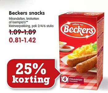 Aanbiedingen Beckers snacks frikandellen, kroketten of loempia`s - Beckers - Geldig van 09/11/2014 tot 15/11/2014 bij Em-té