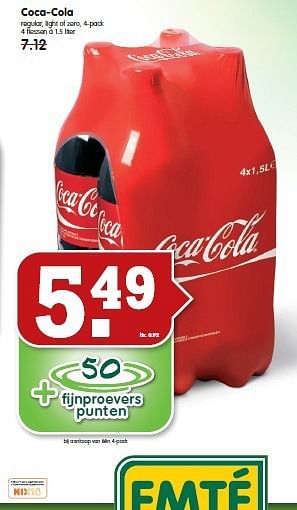 Aanbiedingen Coca-cola regular, light of zero, 4-pack - Coca Cola - Geldig van 09/11/2014 tot 15/11/2014 bij Em-té