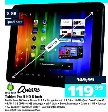 Aanbiedingen Tablet pro 5 hd 8 inch - Qware - Geldig van 01/11/2014 tot 16/11/2014 bij Intertoys
