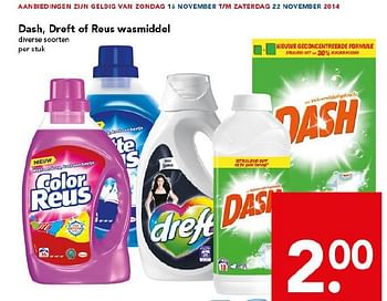 Aanbiedingen Dash, dreft of reus wasmiddel - Dash - Geldig van 16/11/2014 tot 22/11/2014 bij Deen Supermarkten