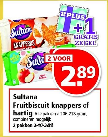 Aanbiedingen Sultana fruitbiscuit knappers of hartig - Sultana - Geldig van 30/11/2014 tot 06/12/2014 bij Plus