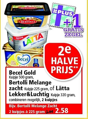 Aanbiedingen Becel gold bertolli melange zacht of lätta lekker+luchtig - Becel - Geldig van 30/11/2014 tot 06/12/2014 bij Plus