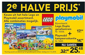 Aanbiedingen Lego duplo getallentrein+playmobil kampeervakantie - Lego - Geldig van 24/11/2014 tot 07/12/2014 bij Blokker