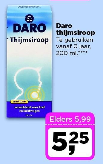 Aanbiedingen Daro thijmsiroop te gebruiken vanaf 0 jaar - Daro - Geldig van 02/12/2014 tot 08/12/2014 bij Dirx Drogisterijen