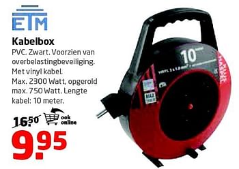 Aanbiedingen Kabelbox pvc. zwart. voorzien van overbelastingbeveiliging - ETM - Geldig van 08/12/2014 tot 21/12/2014 bij Formido