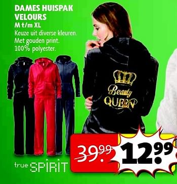 Aanbiedingen Dames huispak velours keuze uit diverse kleuren. met gouden print - True Spirit - Geldig van 09/12/2014 tot 21/12/2014 bij Kruidvat