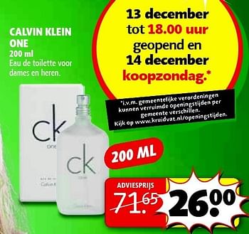 Aanbiedingen Calvin klein one eau de toilette voor dames en heren - Calvin Klein - Geldig van 09/12/2014 tot 21/12/2014 bij Kruidvat