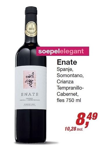 Aanbiedingen Enate spanje, somontano, crianza tempranillocabernet - Rode wijnen - Geldig van 03/12/2014 tot 24/12/2014 bij Makro