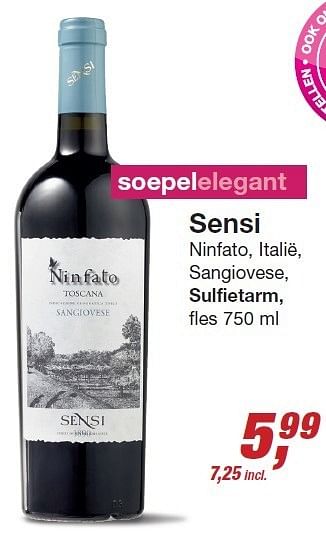 Aanbiedingen Sensi ninfato, italië, sangiovese, sulfietarm - Rode wijnen - Geldig van 03/12/2014 tot 24/12/2014 bij Makro