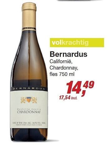 Aanbiedingen Bernardus californië, chardonnay - Witte wijnen - Geldig van 03/12/2014 tot 24/12/2014 bij Makro