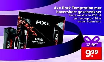 Aanbiedingen Axe dark temptation met boxershort geschenkset - Axe - Geldig van 09/12/2014 tot 21/12/2014 bij Trekpleister