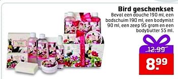 Aanbiedingen Bird geschenkset bevat een douche een badschuim, een bodymist - Birds - Geldig van 09/12/2014 tot 21/12/2014 bij Trekpleister