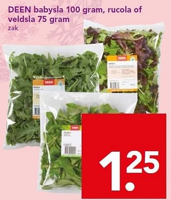 Aanbiedingen Deen babysla 100 gram, rucola of veldsla 75 gram - Huismerk deen supermarkt - Geldig van 21/12/2014 tot 26/12/2014 bij Deen Supermarkten